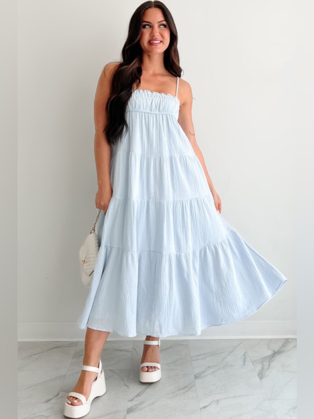 Light Blue Tiered Sundress with Spaghetti Straps Sleeveless Size Medium